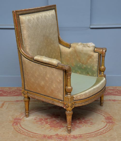 19TH CENTURY FRENCH LOUIS XVI STYLE GILTWOOD BERGERE CHAIR - ADDITIONAL PHOTO 14