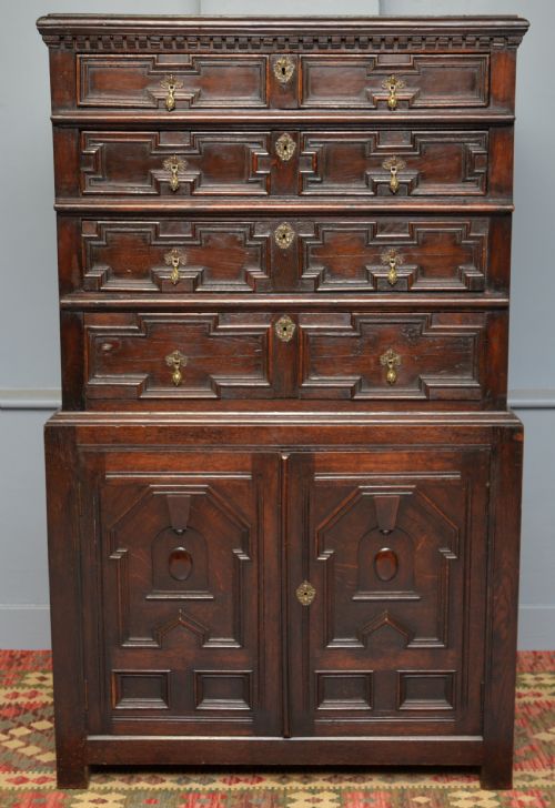 17TH CENTURY CHARLES II OAK CHEST OF DRAWERS ON LATER CUPBOARD - ADDITIONAL PHOTO 1