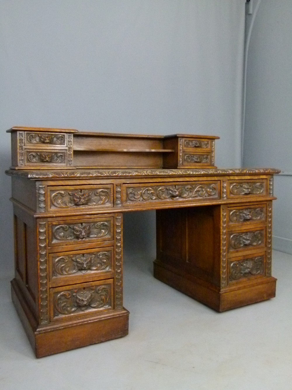 Elaborately Carved Victorian Oak Pedestal Desk 