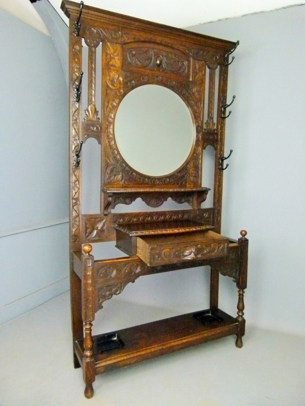 Victorian Carved Oak Coat & Umbrella Hall Stand