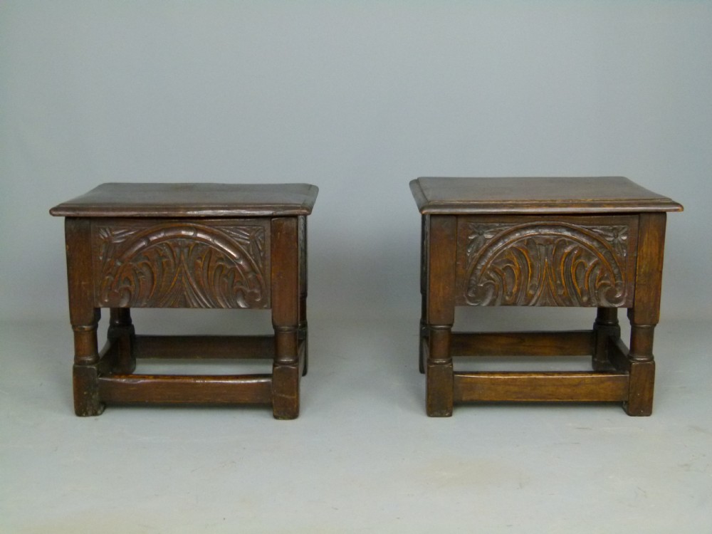 Charming Pair Of 19thc Carved Oak Box Stools