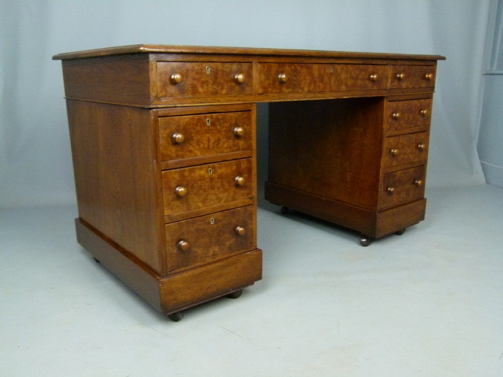 Victorian Oak & Burr Walnut Pedestal Desk
