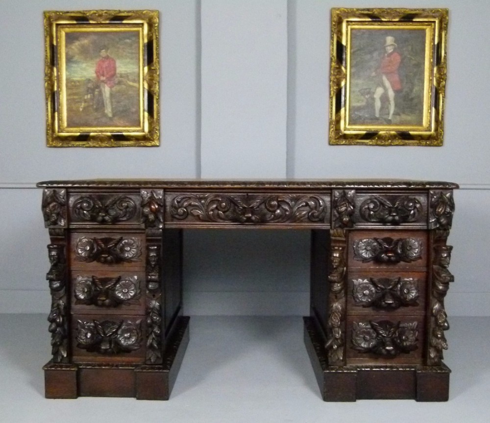 Elaborately Carved Victorian Oak Pedestal Desk