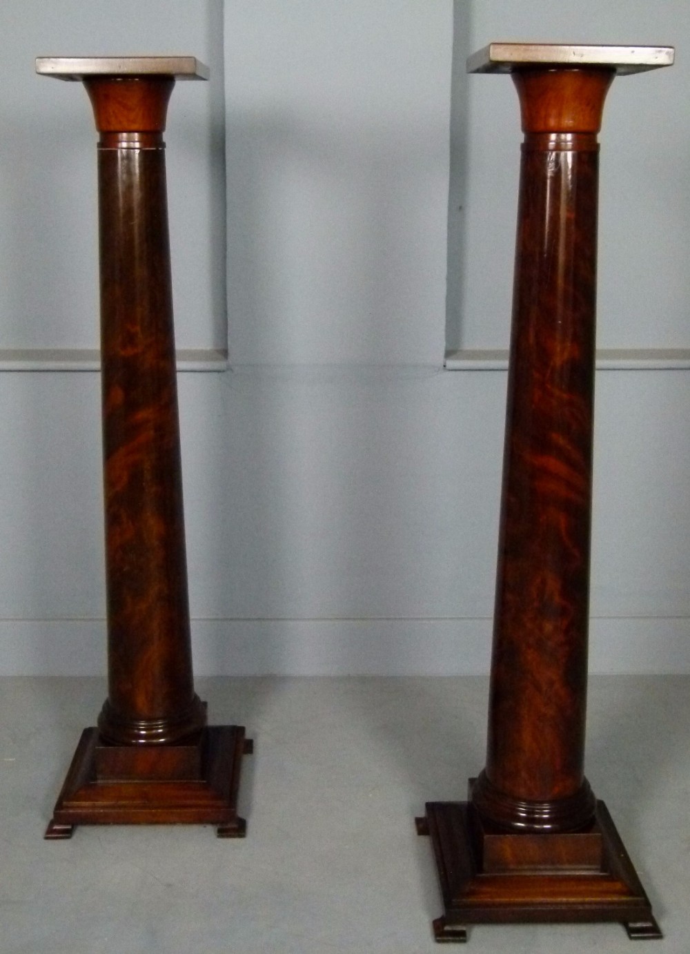 Pair of Stunning Regency Flame Mahogany Column Pedestals