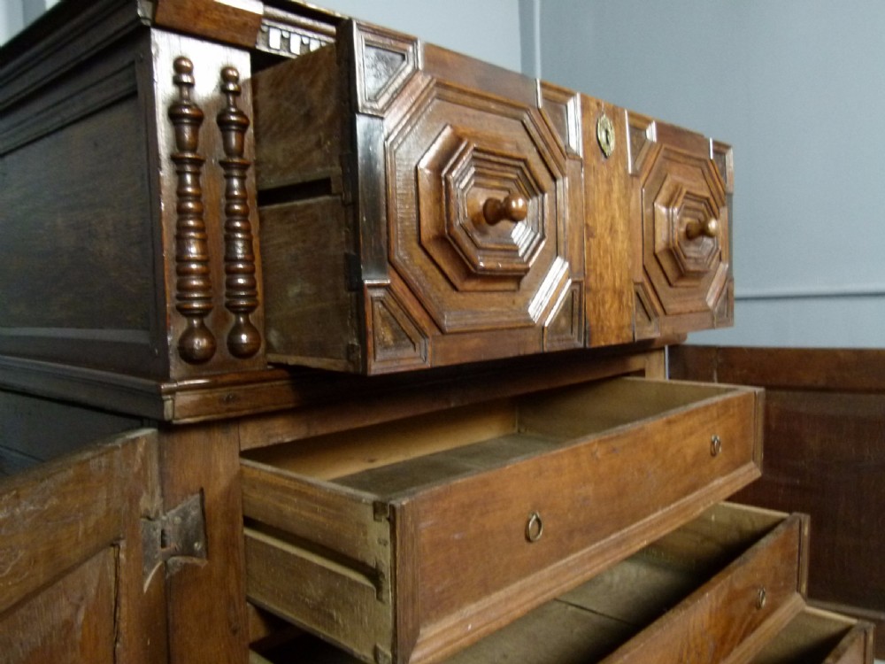 Rare 17th Century Jacobean Two Part Oak Chest Of Drawers View XI