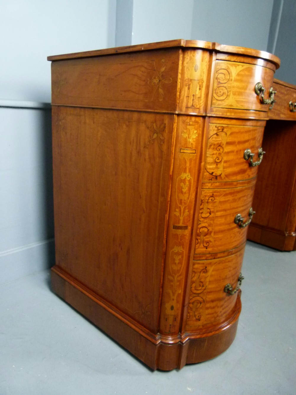 Stunning Edwardian Art Nouveau Satinwood Pedestal Desk View XXI