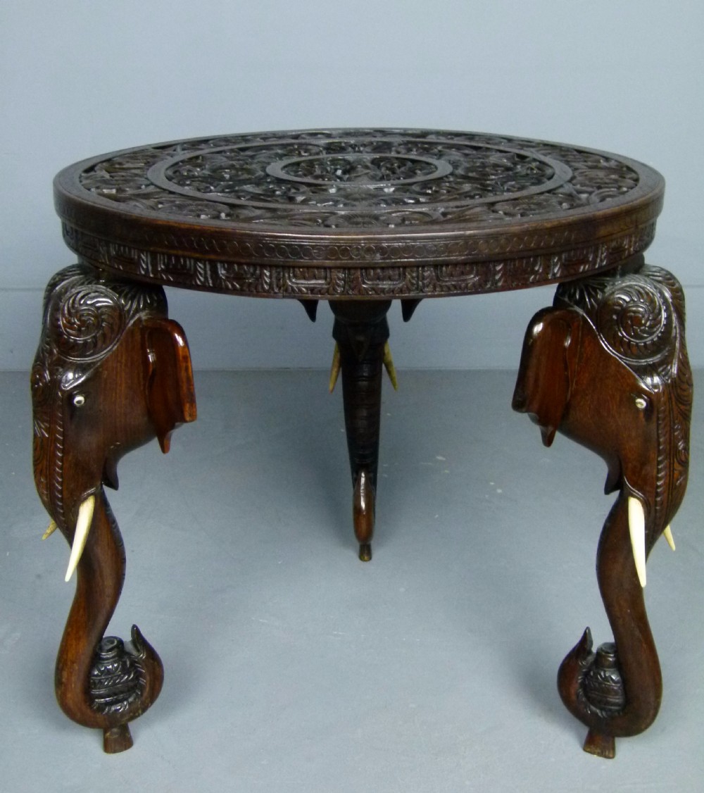 Indian Rosewood Carved Elephant`s Head Occasional Table