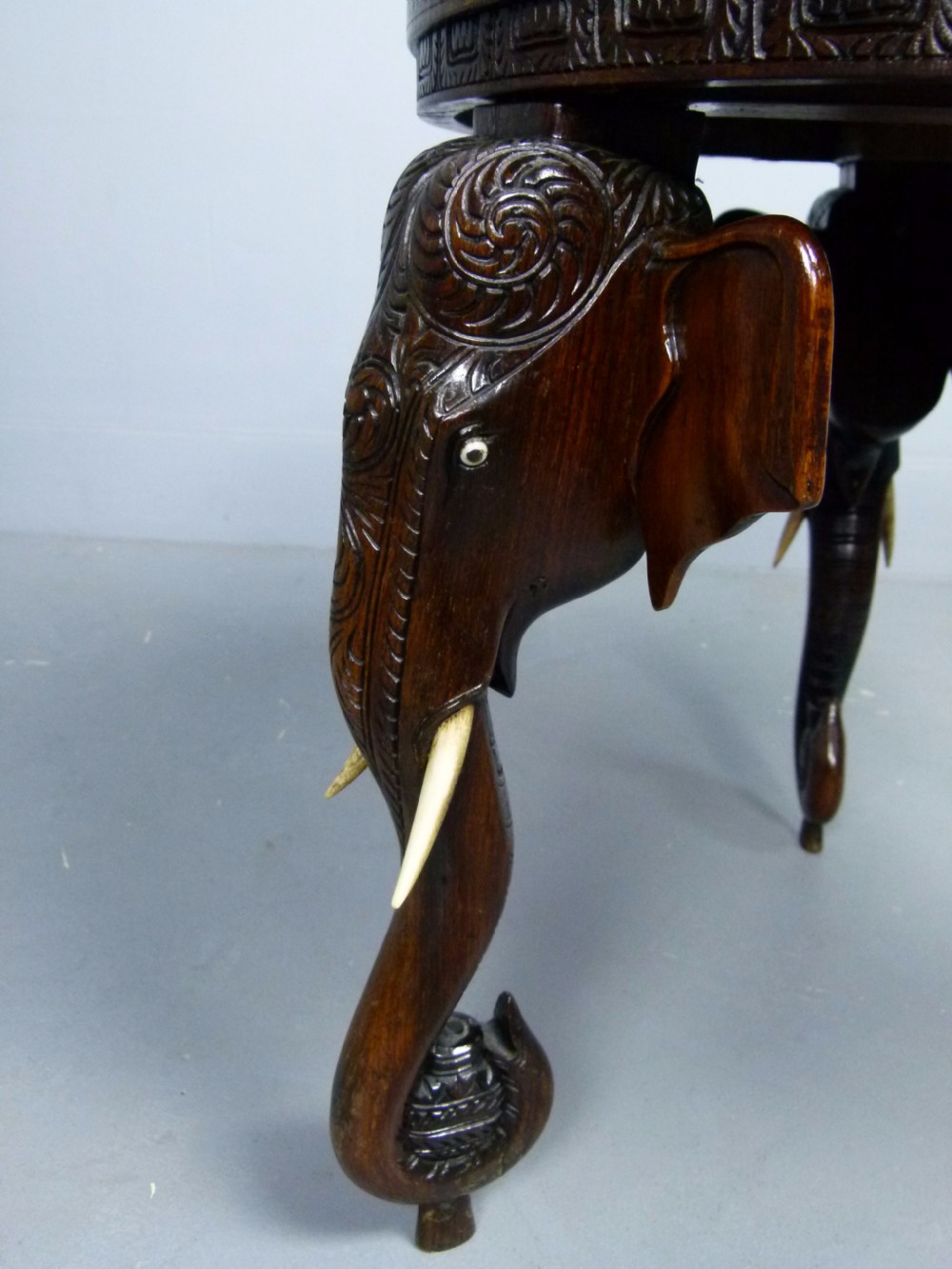 Indian Rosewood Carved Elephant`s Head Occasional Table View VI