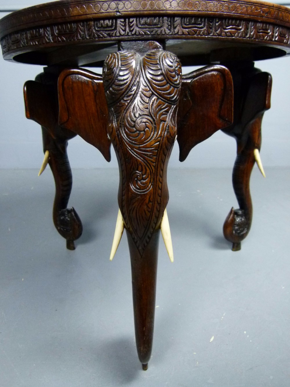 Indian Rosewood Carved Elephant`s Head Occasional Table View VIII