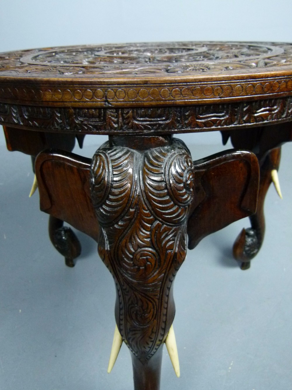 Indian Rosewood Carved Elephant`s Head Occasional Table View IX