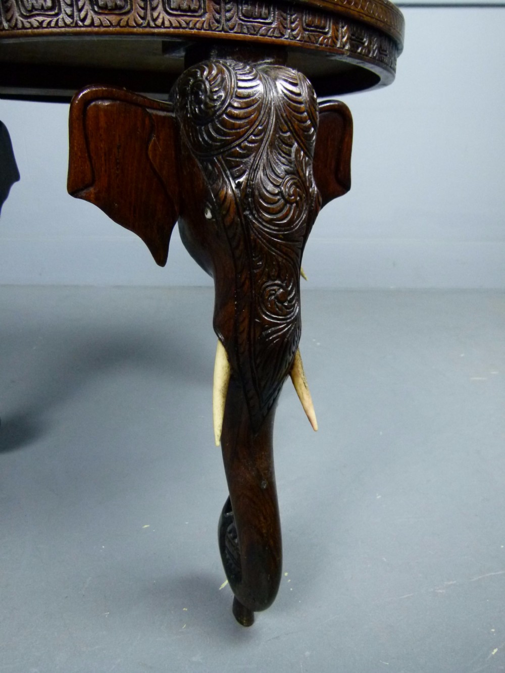 Indian Rosewood Carved Elephant`s Head Occasional Table View X