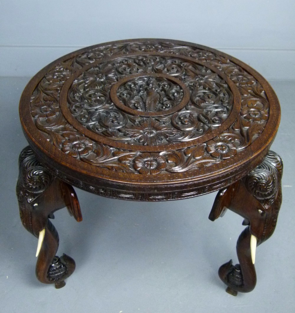 Indian Rosewood Carved Elephant`s Head Occasional Table View XI
