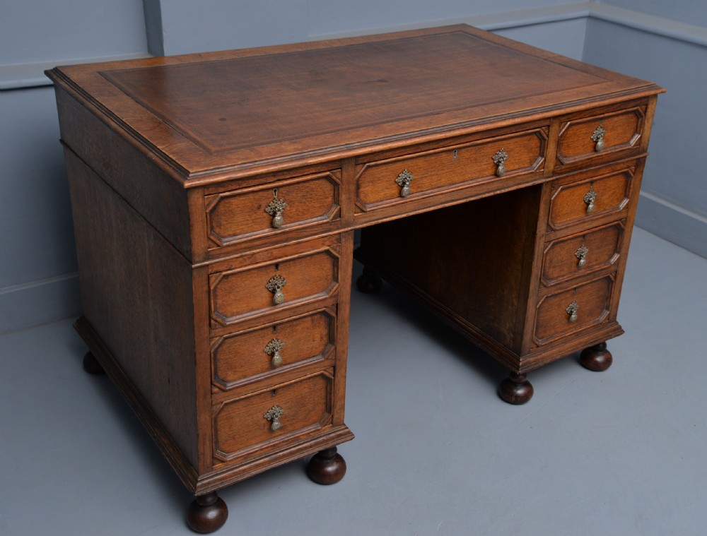 Jacobean Revival Oak Pedestal Desk c1910 View XIII