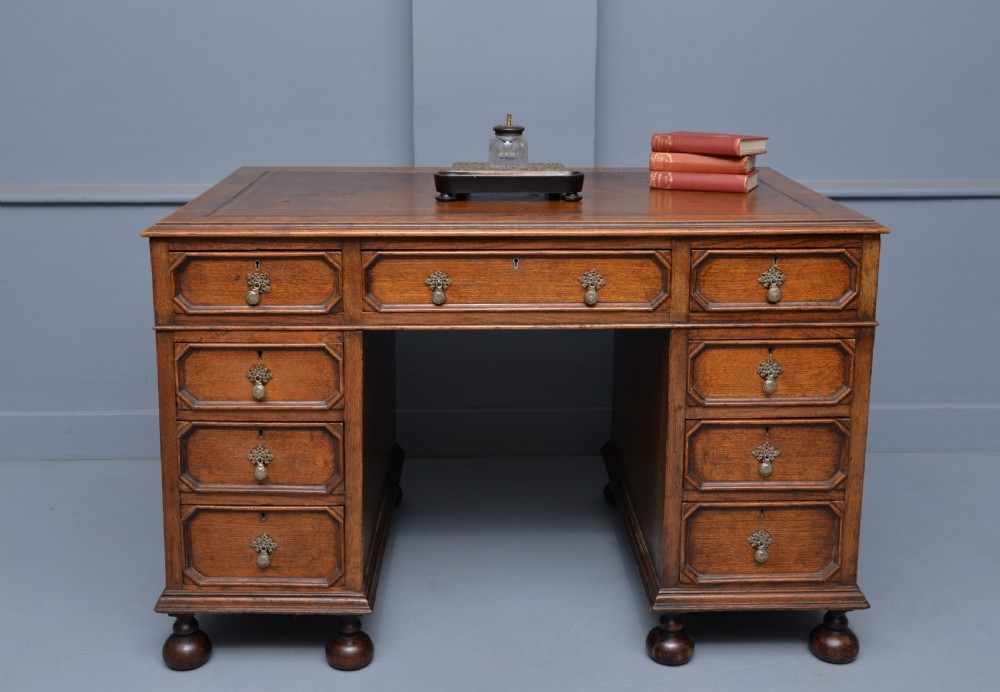 Jacobean Revival Oak Pedestal Desk c1910 View XIV