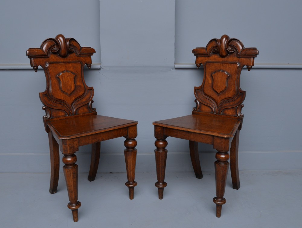 Charming Victorian Pair Of Carved Oak Hall Chairs View III