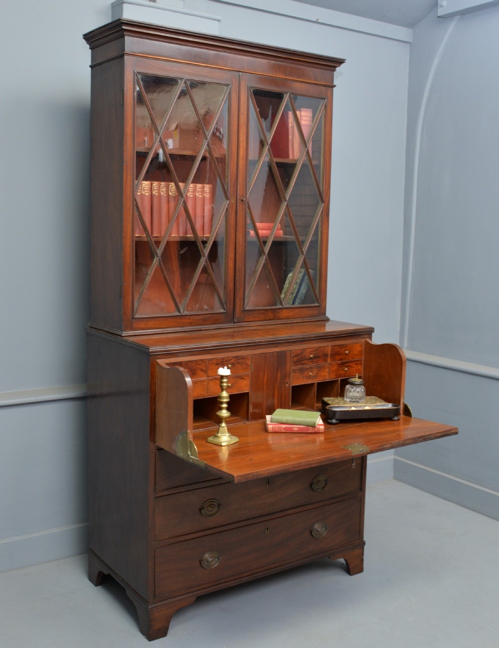 Quality George III Mahogany Bookcase Secretaire Desk