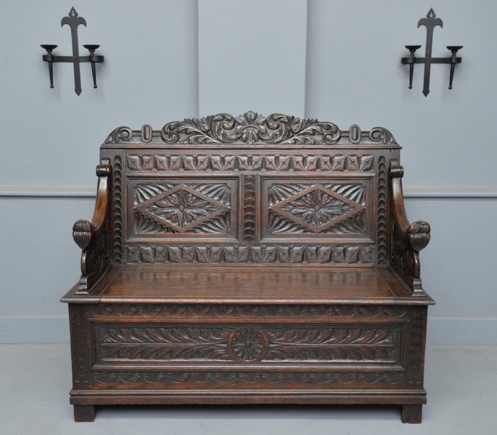 Charming Victorian Carved Oak Bench Settle View III