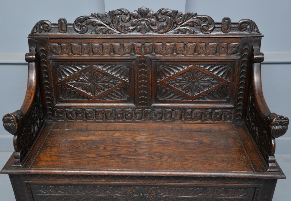 Charming Victorian Carved Oak Bench Settle View V