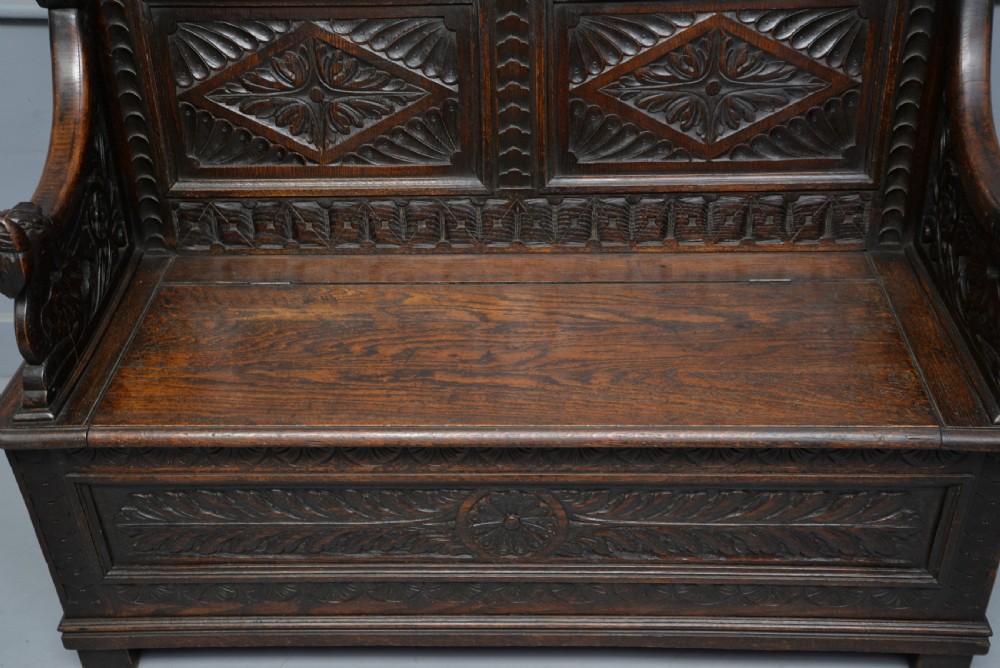 Charming Victorian Carved Oak Bench Settle View VI