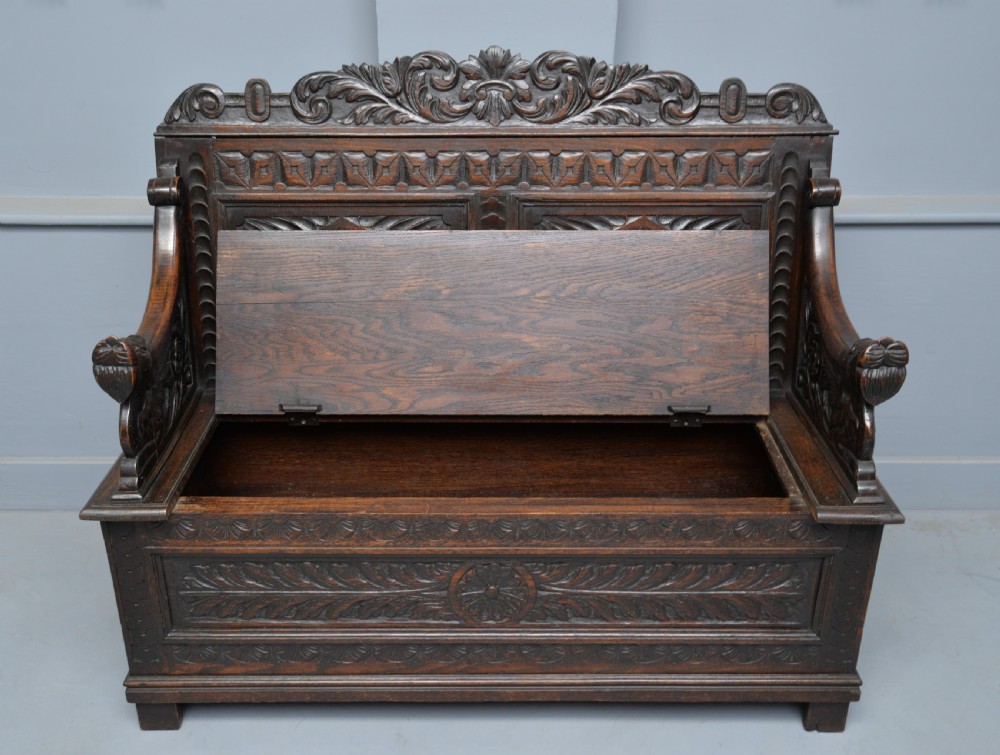 Charming Victorian Carved Oak Bench Settle View VII