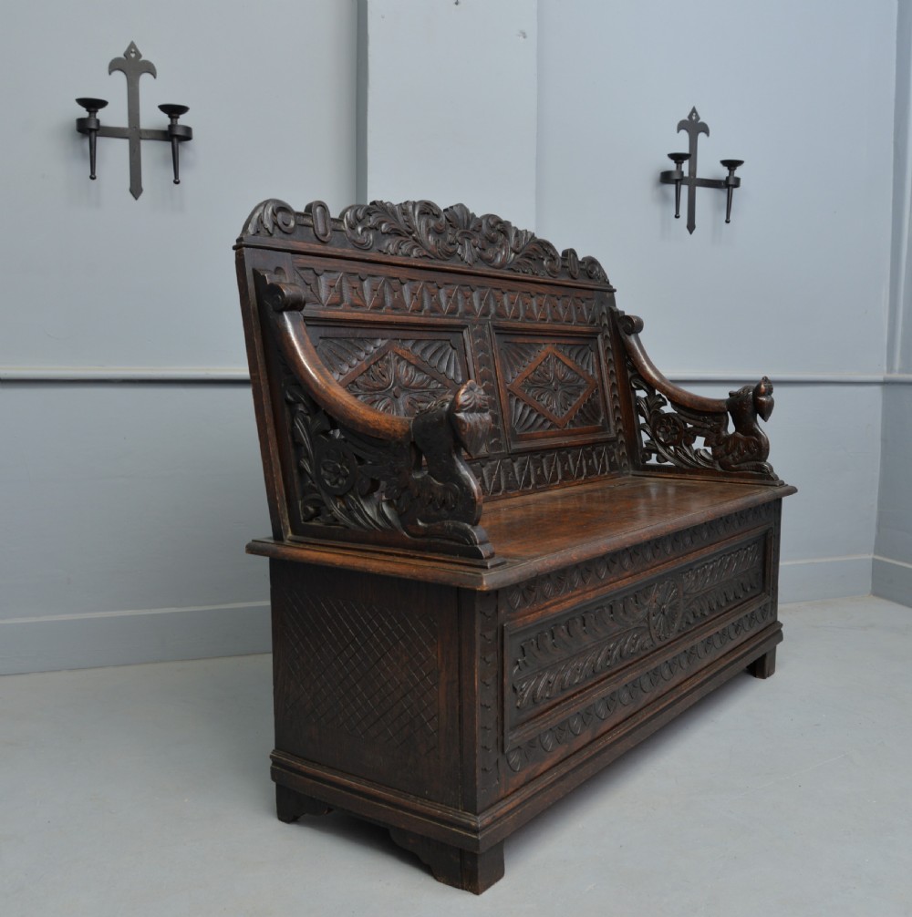Charming Victorian Carved Oak Bench Settle View VIII