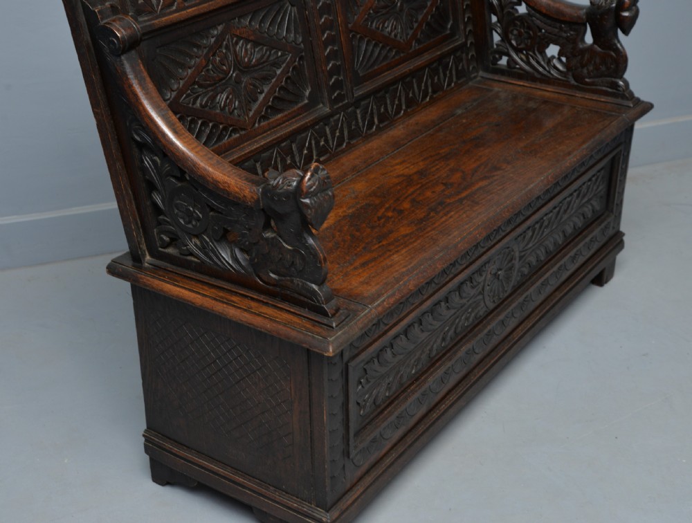Charming Victorian Carved Oak Bench Settle View IX
