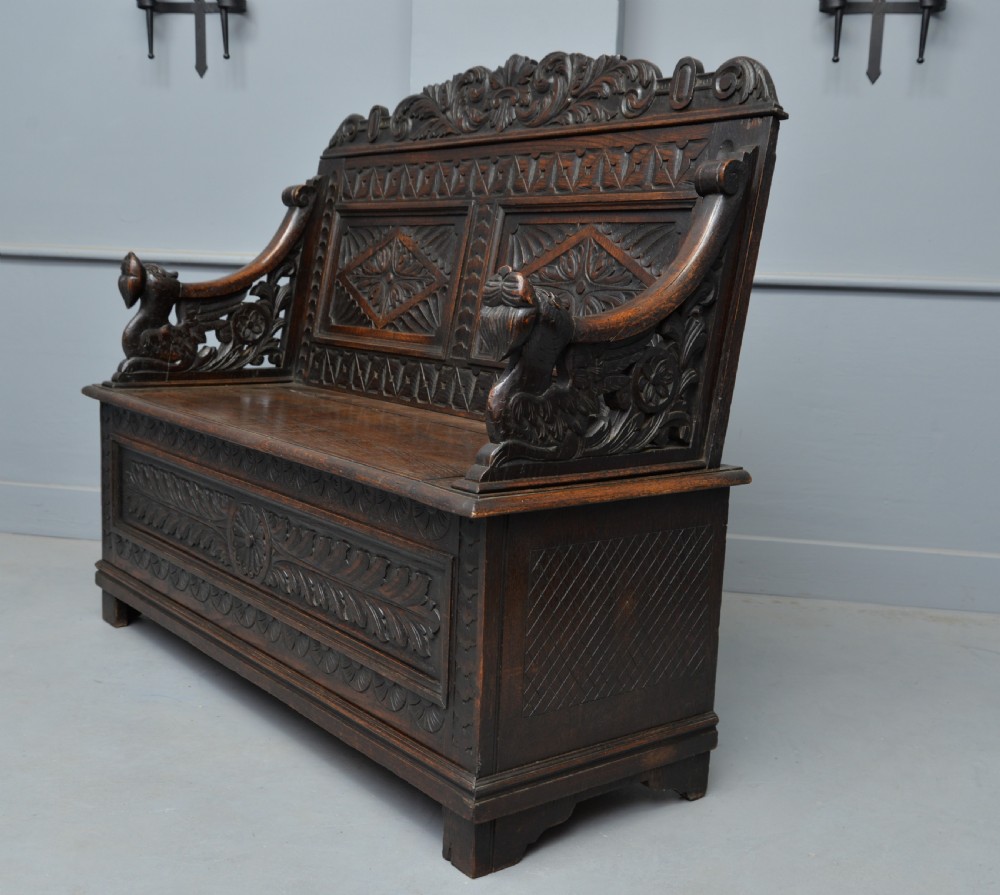 Charming Victorian Carved Oak Bench Settle View X