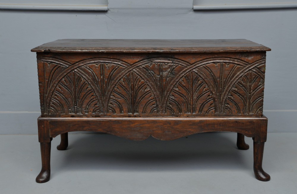 Small Very Sweet 17th Century Carved Oak Coffer On Stand