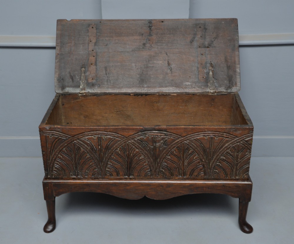 Small Very Sweet 17th Century Carved Oak Coffer On Stand View II