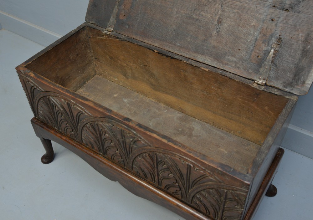 Small Very Sweet 17th Century Carved Oak Coffer On Stand View III