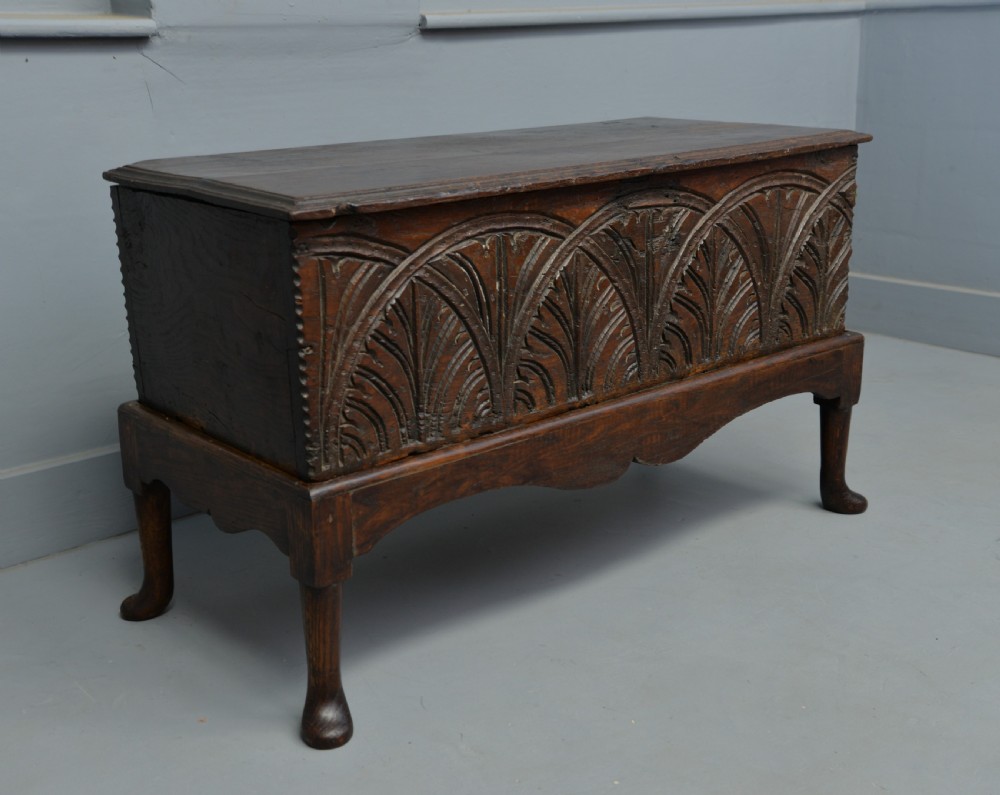 Small Very Sweet 17th Century Carved Oak Coffer On Stand View V