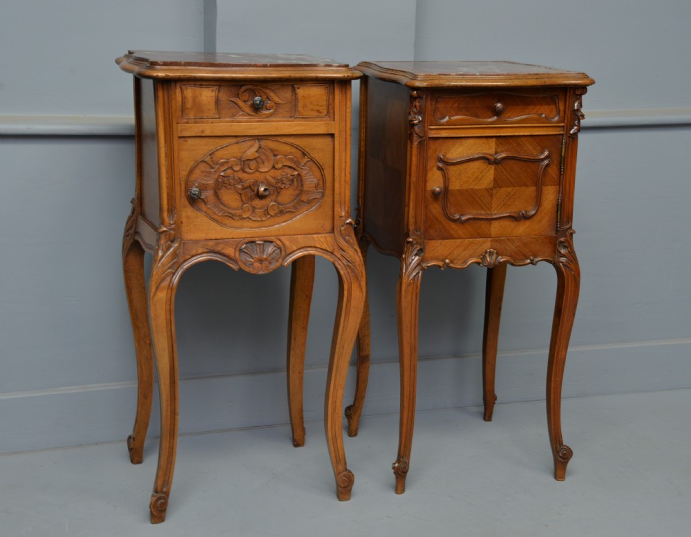 Pretty Matched Pair Of French Walnut Bedside Marble-Top Cabinets View II