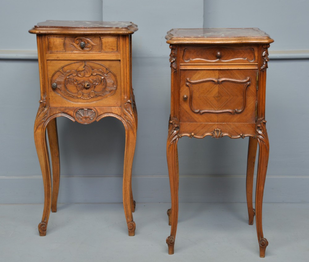 Pretty Matched Pair Of French Walnut Bedside Marble-Top Cabinets View III