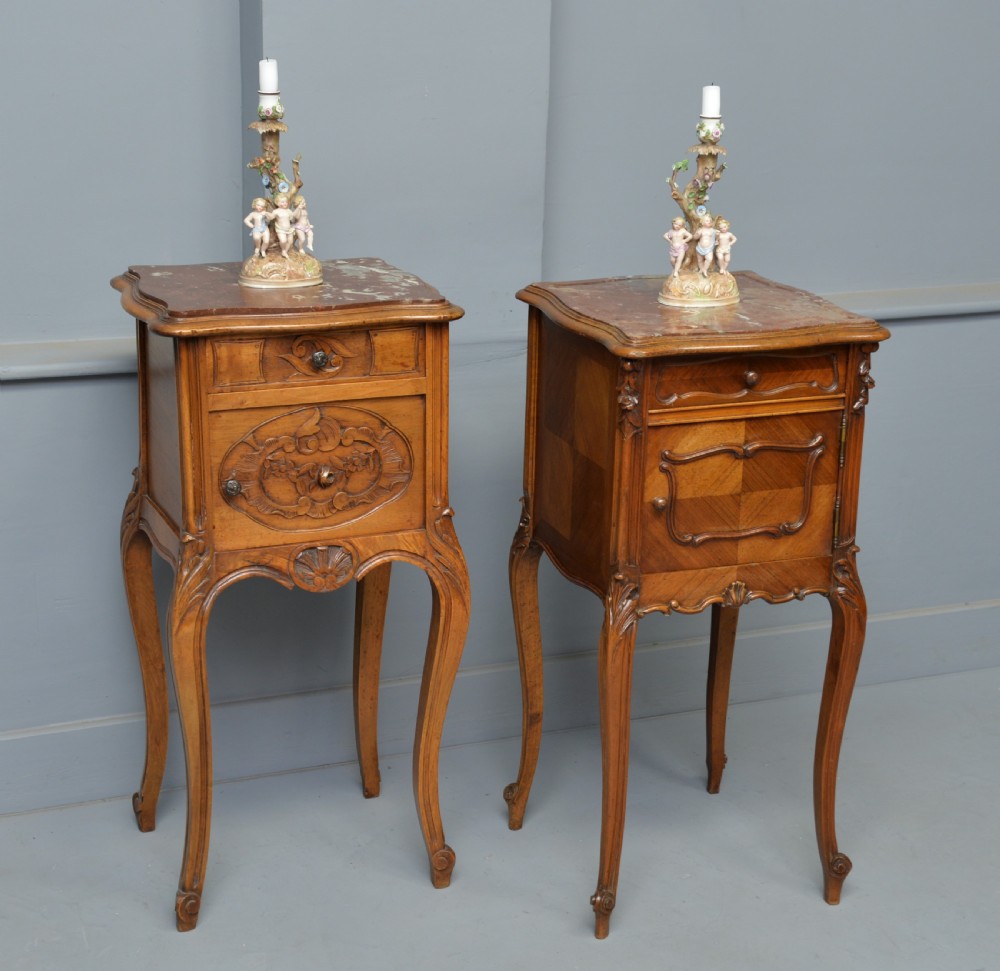 Pretty Matched Pair Of French Walnut Bedside Marble-Top Cabinets View IV
