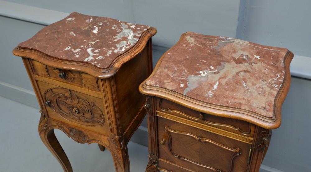 Pretty Matched Pair Of French Walnut Bedside Marble-Top Cabinets View V