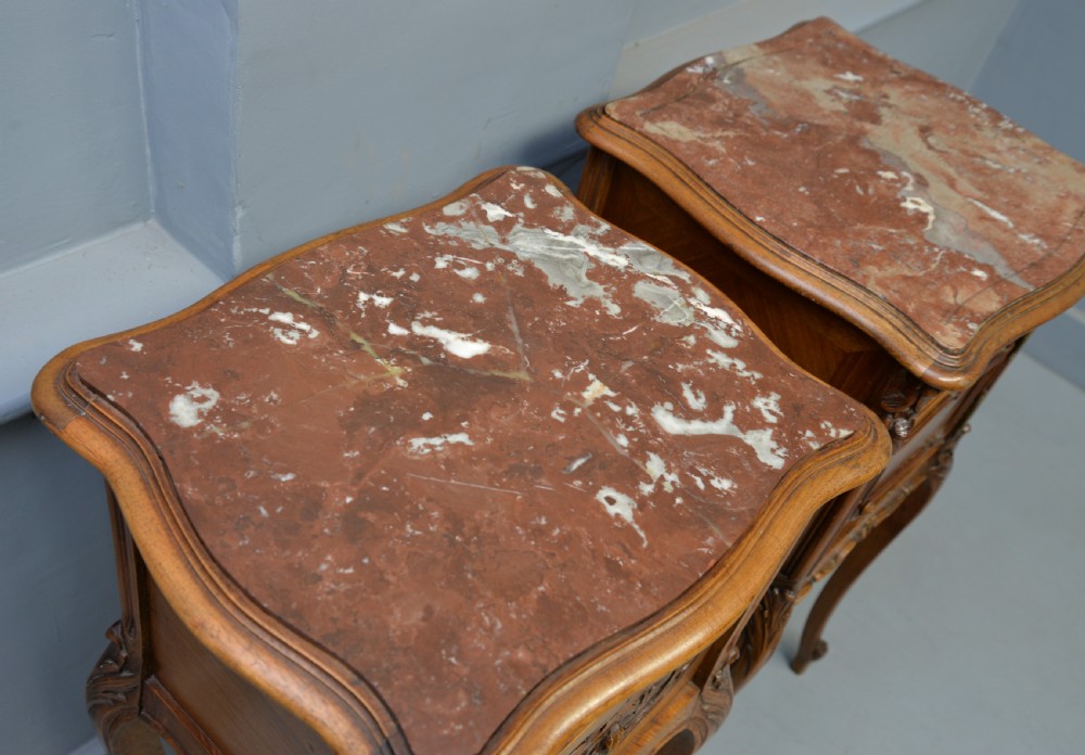 Pretty Matched Pair Of French Walnut Bedside Marble-Top Cabinets View VI