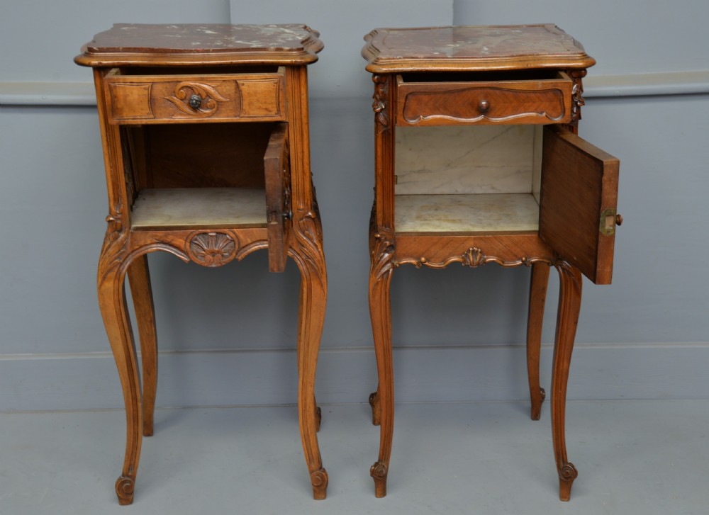 Pretty Matched Pair Of French Walnut Bedside Marble-Top Cabinets View VII