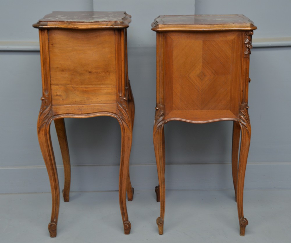 Pretty Matched Pair Of French Walnut Bedside Marble-Top Cabinets View VIII