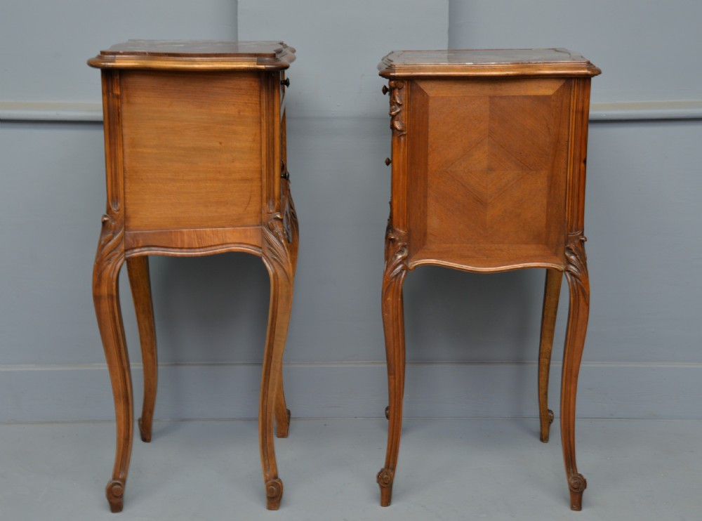 Pretty Matched Pair Of French Walnut Bedside Marble-Top Cabinets View IX