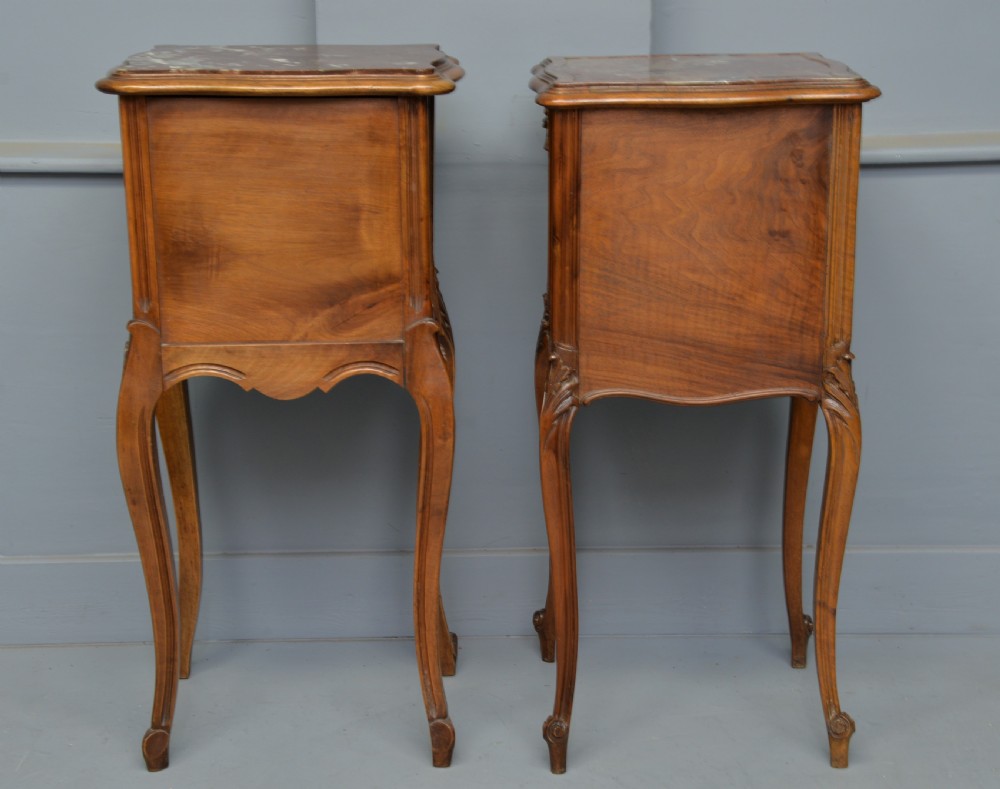 Pretty Matched Pair Of French Walnut Bedside Marble-Top Cabinets View X