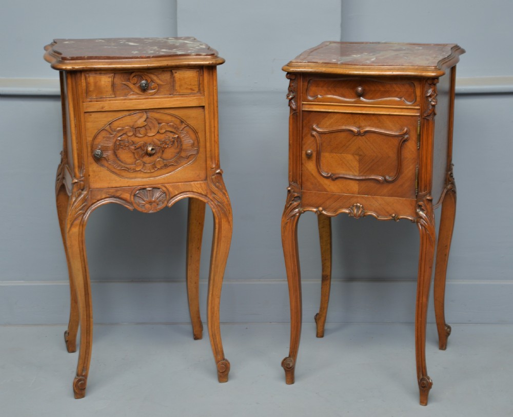 Pretty Matched Pair Of French Walnut Bedside Marble-Top Cabinets View XI