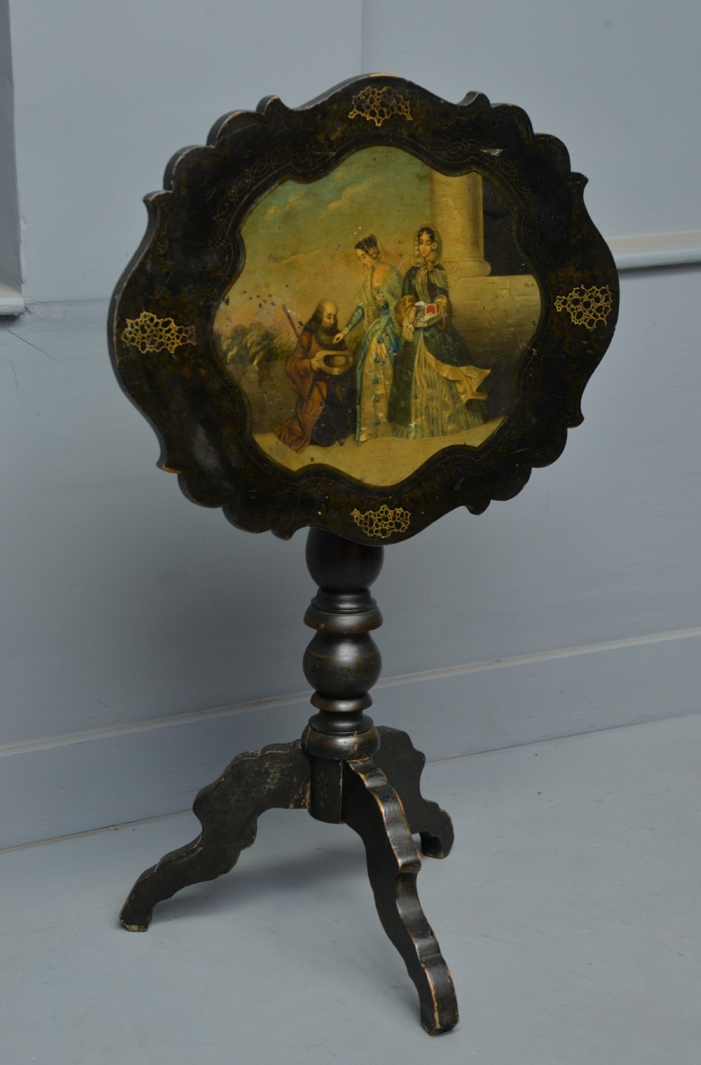 Delightful French Ebonised Tilt-Top Table Original Oil Painting View IV