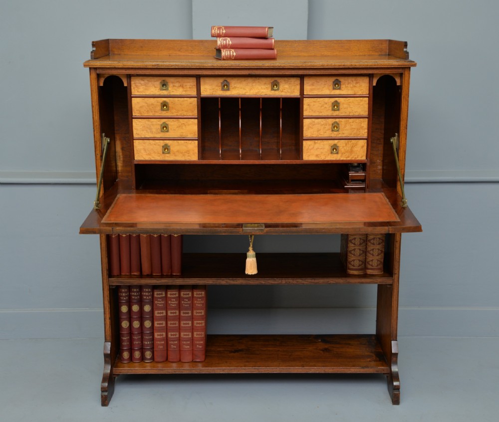 Victorian Oak Secretaire Bookcase-Superb Interior