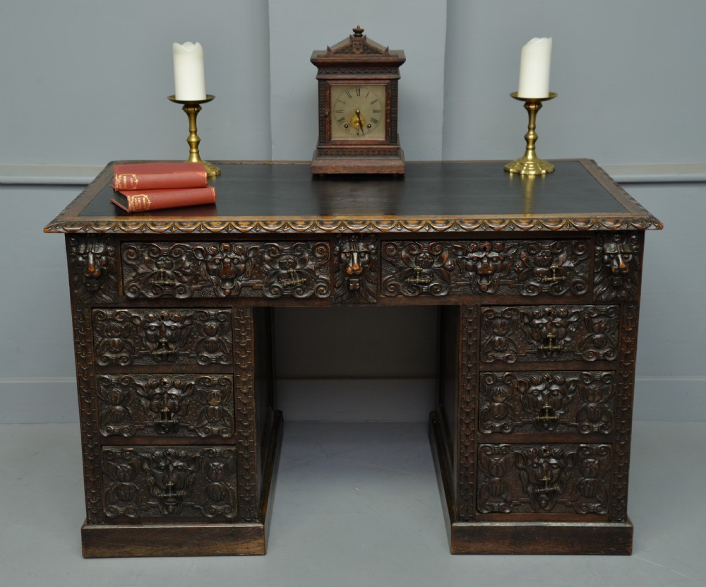 Elaborately Carved Victorian Oak Pedestal Desk