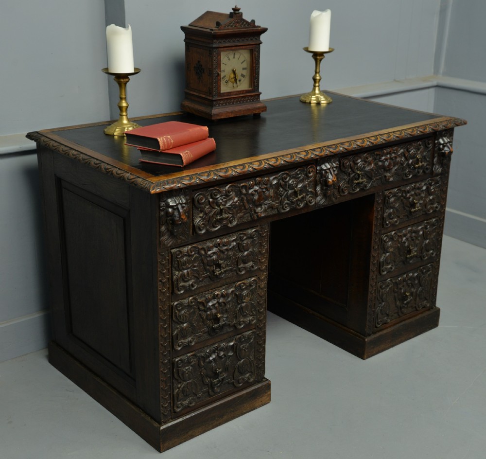 Elaborately Carved Victorian Oak Pedestal Desk View II