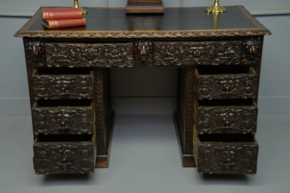 Elaborately Carved Victorian Oak Pedestal Desk View III