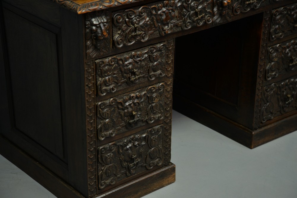 Elaborately Carved Victorian Oak Pedestal Desk View IV
