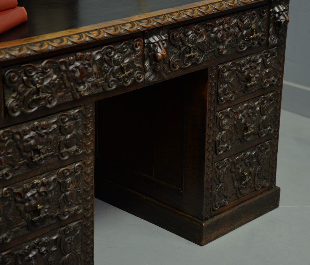 Elaborately Carved Victorian Oak Pedestal Desk View V