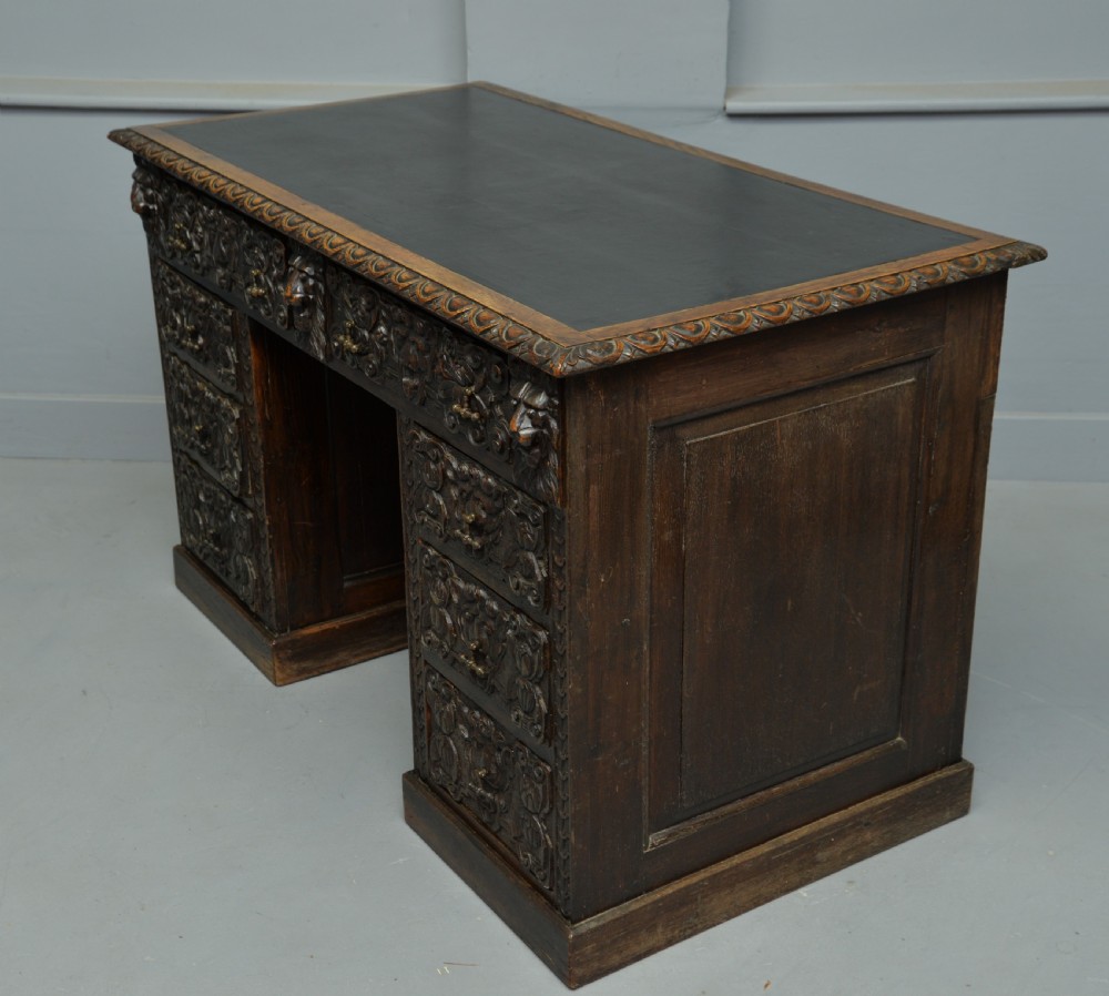 Elaborately Carved Victorian Oak Pedestal Desk View VII
