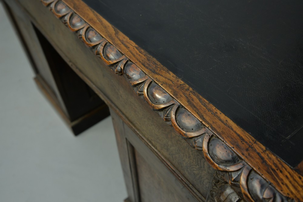 Elaborately Carved Victorian Oak Pedestal Desk View IX